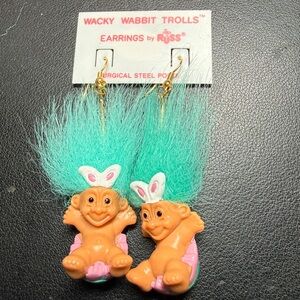 Vintage Wacky Wabbit Mint Green Hair Troll Earrings by Russ New Easter Novelty